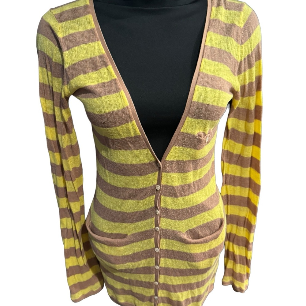 MOTH Anthropologie Yellow Striped Boho Button Cardigan Sweater